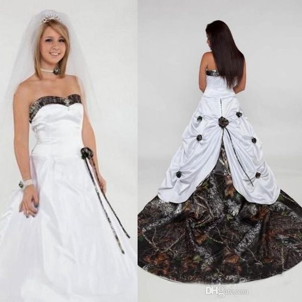 

2020 sweetheart camo wedding dresses handmade flowers satin zip robe de mariÃ©e long bridal gowns custom made, White