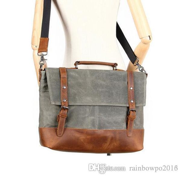 

factory sales new waxed waterproof canvas shoulder bag retro, recreational and mad horsehide mans lapbag business leather briefcase