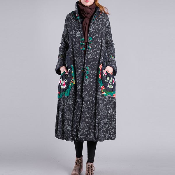 

ethnic women floral embroidery thick parka coat cotton-padded warm outwear loose a-line long sleeve j21, Black