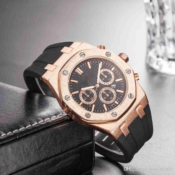 

rose gold mens luxury watch royal oak offshore comfortable rubber strap quartz movement mens designers watches gift clock mens wristwatch, Slivery;brown