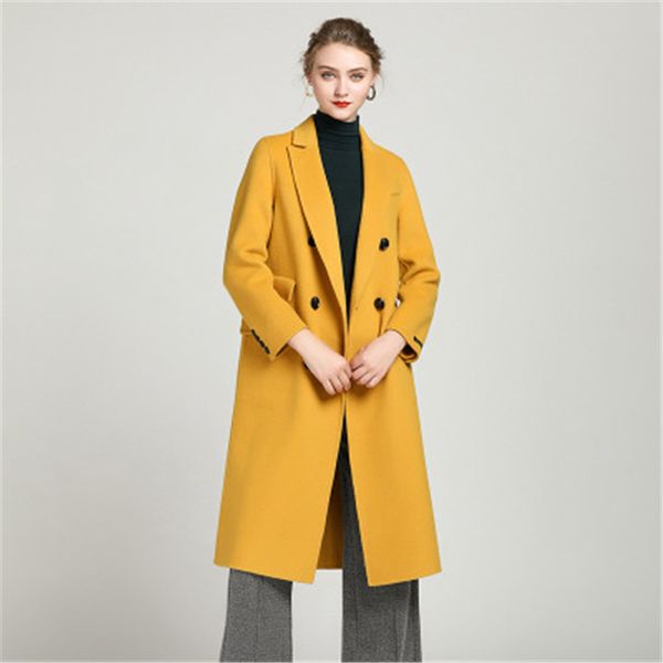 

women's wool & blends 2021 european fashion high-end double-breasted long cashmere coat female slim solid color high quality, Black