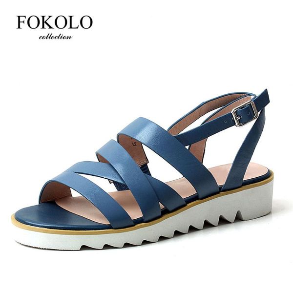 

fokolo summer sandals women's flat shoes blue comfortable sheepskin vamp and insole 4cm waterproof platform zapatos de mujer l9, Black