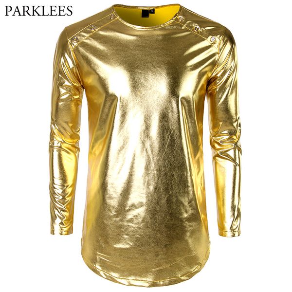 

new night club mens t-shirts shiny gold metallic longline t shirt men casual o neck hip hop party stage tee shirt homme, White;black