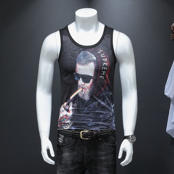 

summer new tight elastic sports vest ice silk fabric slim vest fashion 3d printing sleeveless bottoming shirt, White;black