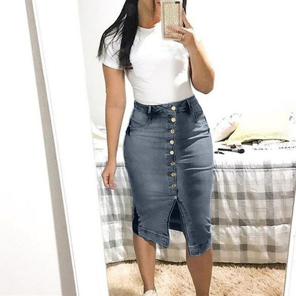 

skirts jeans skirt women's fashion denim summer button design split front open saia feminina 2021 faldas mujer, Black