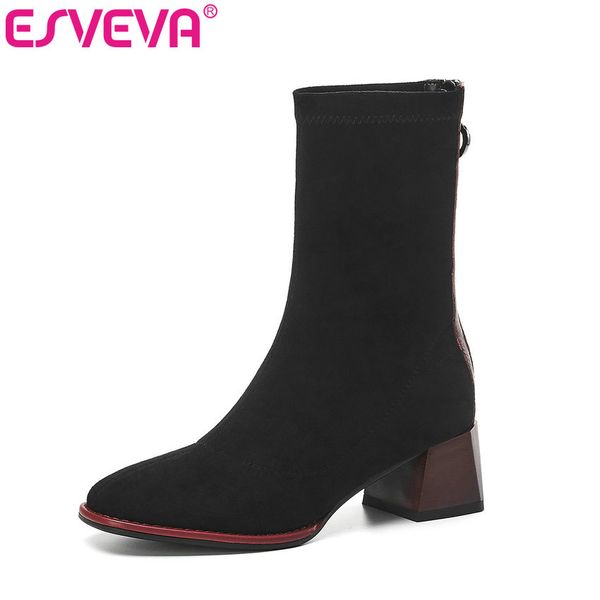 

esveva 2020 women shoes ankle boots pointed toe western style leather+pu 5cm med heel zipper motorcycle platform boot size 34-39, Black