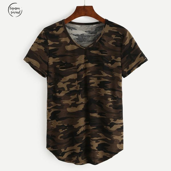 

2019 футболка камуфляж печатные camo футболки женщины короткие рукава o шеи карманный женский летняя повседневная топ сыпучие тройники, White
