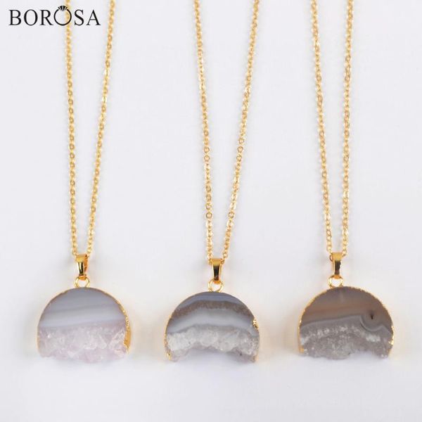 

pendant necklaces borosa 1/5pcs 18'' half moon natural agates druzy necklace gold quartz slice jewelry for women g1962-n, Silver