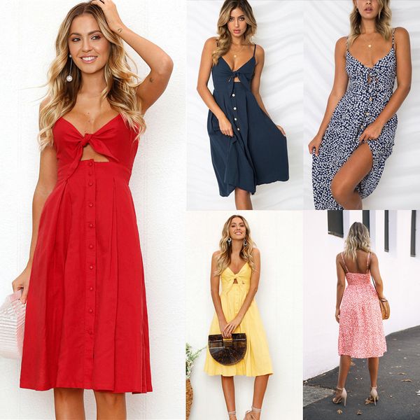 

Ladies Sexy Bow Backless Boho Bohemian Beach Summer Dress Women Sundress Sexy V-Neck Sleeveless Strap Dress Vestido