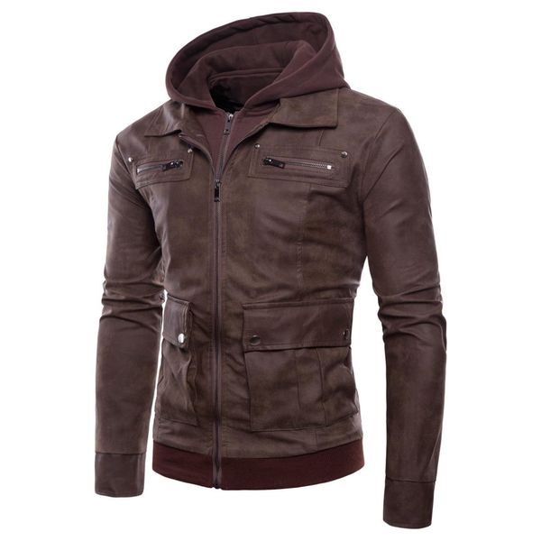 

male hooded leather fake two leather jacket jacket, Black