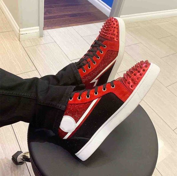 

2019 new style street skate flats high luxury design,red bottom men's shoes lace-up luxue brand spiked sneakers red suede+rhinestone, Black