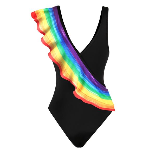

new summer women's digital print lotus leaf beveled no steel ring small breast gathered siamese v-neck swimsuit, Black;white