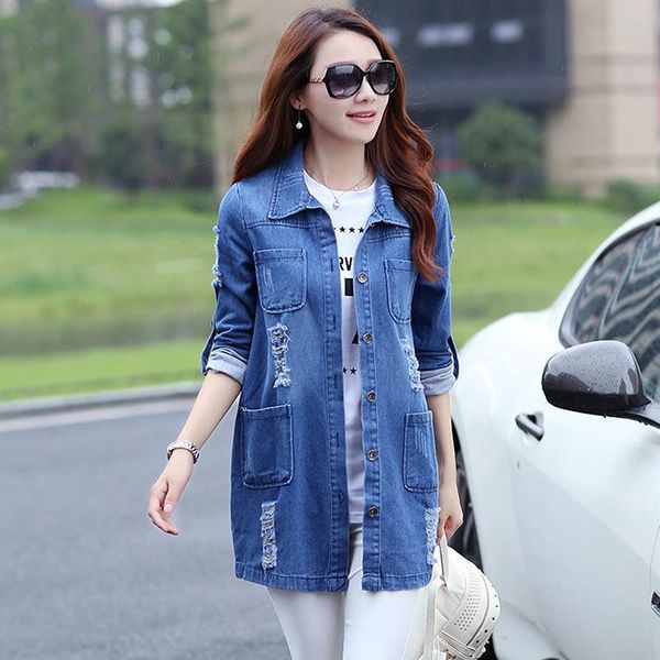

plus size 5xl denim jacket women 2018 new spring autumn fashion long sleeve jeans coat female casual ripped denim jacket top, Black;brown