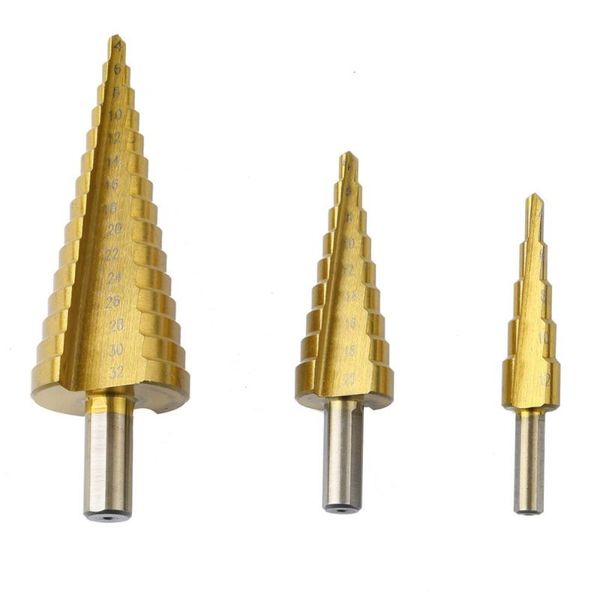 

3pcs/lot hss steel large step cone titanium coated metal drill bit cut tool set hole cutter 4-12/20/32mm wholesale
