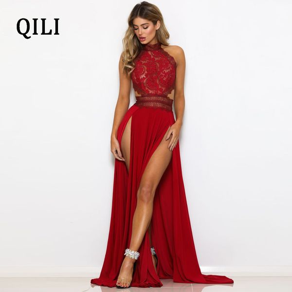 

qili black red lace long maxi платье женщины backless split sexy party club платья элегантные дамы помёт платье женский халат, Black;pink