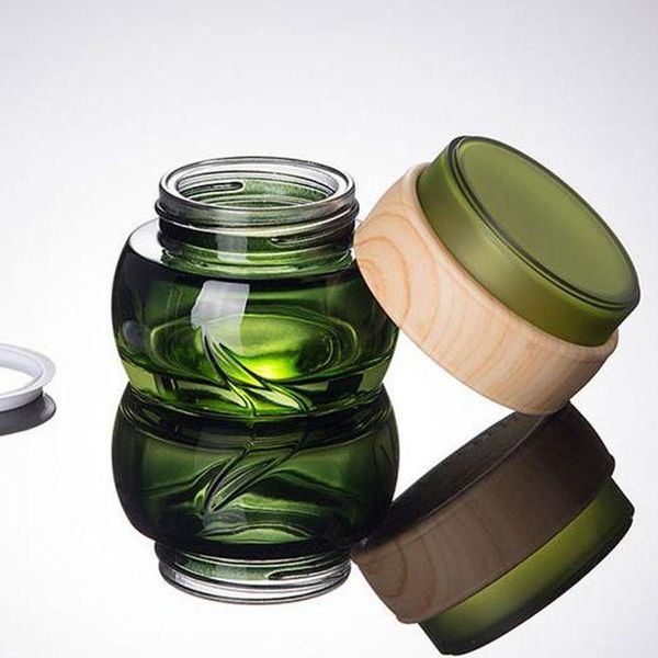 

wholesale-green glass bottles eye cream jar 50g empty cosmetic container 1oz make up glass jar f20172090