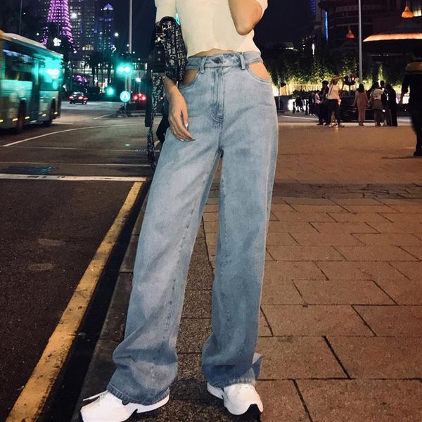 

qiukichonson hollow out women high waist jeans 2019 england style ladies all-match loose jeans trousers, Blue