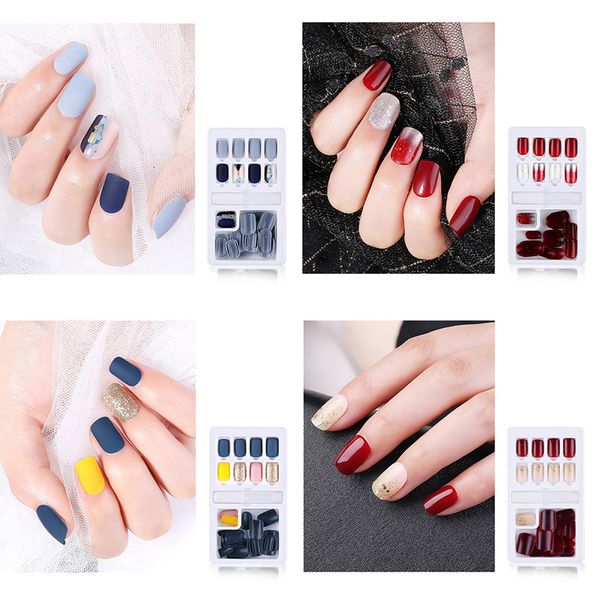 

24pcs round head full nail tips tool artificial fake nail art summer green leaf pattern false nails diy design with glue, Red;gold