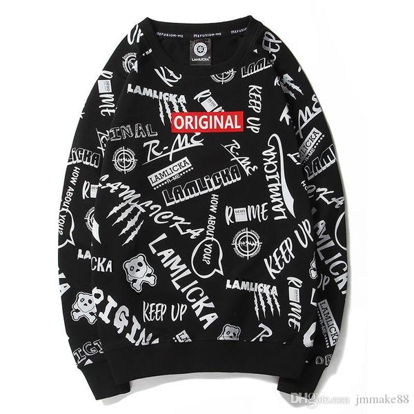 

mens white designer hoodie sweatshirt sweat coat pullover printed round neck long sleeve tide male loose casual t-shirt large size pullover, Black