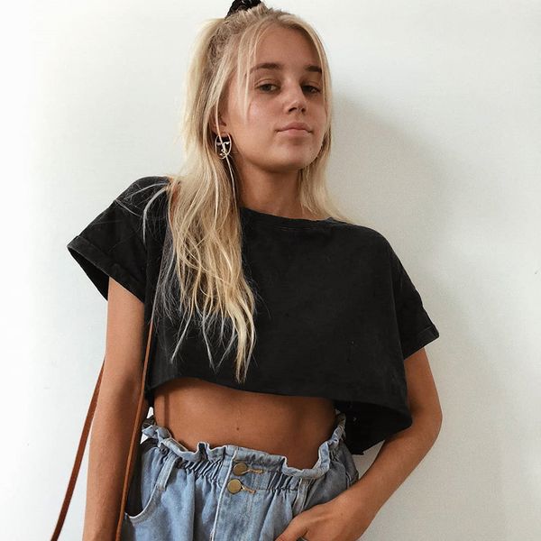 

cotton solid color short sleeve t-shirt women loose casual bottoming crop dance short clothes summer, White