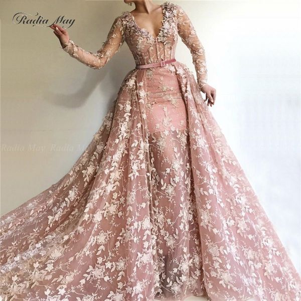 

dubai blush pink lace 3d floral evening dress with detachable skirt long sleeves v-neck arabic long prom formal dresses 2019, White;black