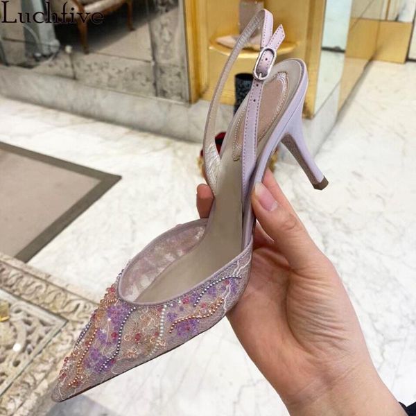 

string beads mesh sandals women crystal pointy toe party shoes thin high heels shoes woman purple zapatos mujer, Black