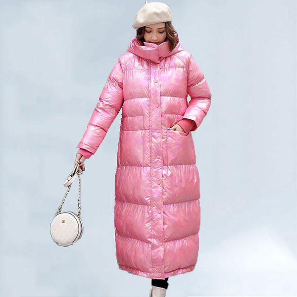 

2019 winter jacket women fashion hooded pink glossy women's down jacket plus size waterproof warm parka coat women manteau femme, Black
