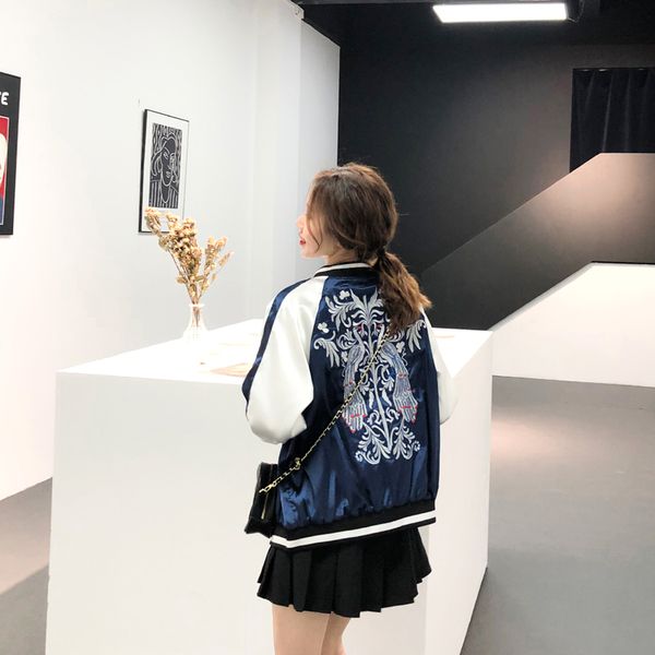 

simplee реверсивных вышивка атласного пальто куртки sukajan осень зима 2019 цветок основных курток женщины вскользь бейсбольные куртки, Black;brown