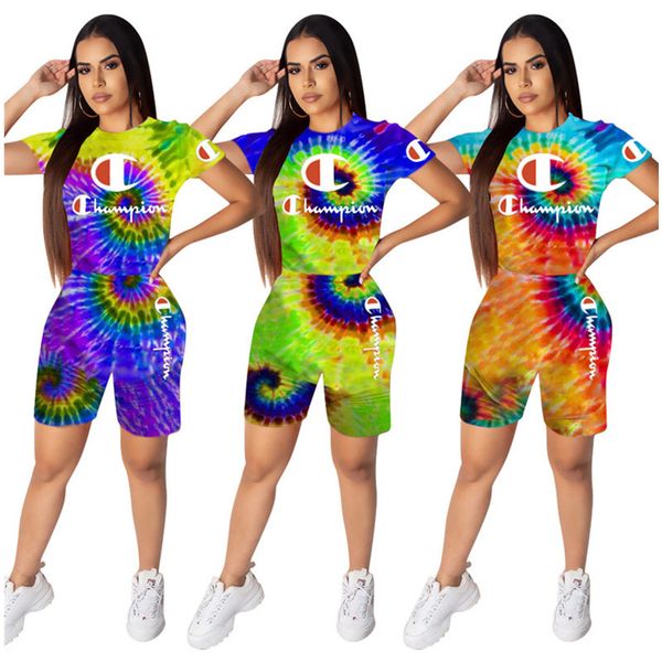 

women champions letter outfit heronsbill 2 piece set short sleeve t shirt + shorts tracksuit tie-dye print t-shirt sportswear suit s-xl, White