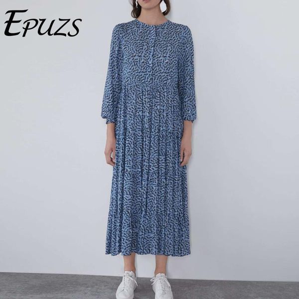 

vintage bohemian blue floral maxi dress women autumn robe femme retro long sleeve loose pleated dress korean vestidos, Black;gray