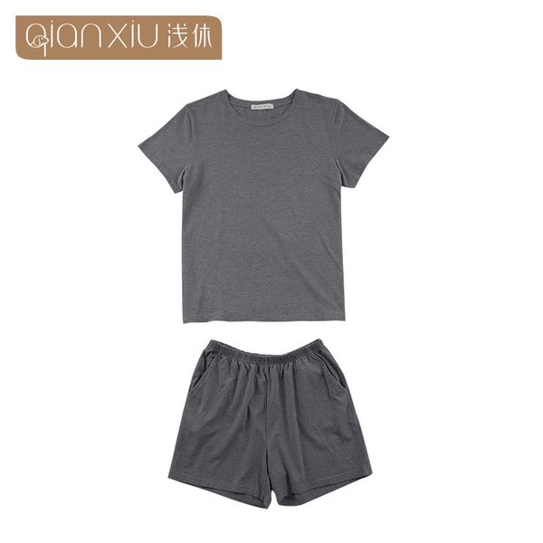 

2019 summer female casual pajama sets ladies mo cotton sleepwear suit women round collar short sleeve t shirt & shorts plus size, Black;red