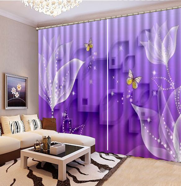 Atacado Cortina Roxo Dreamy Brilhante Branco Flores 3D Cortina Floral Decoração Indoor Superior Blackout Cortinas