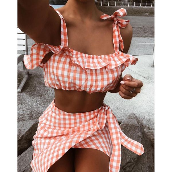 

fashion two piece set women boho summer beach checkerboard gingham crop party short mini skirts casual 2 piece set, Gray