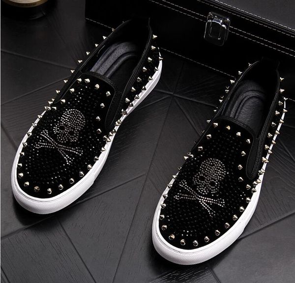 

pirates skull men's casual leather shoes rivets shoes velvet slip on moccasins smoking flats driving, Black