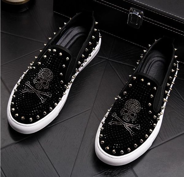 

pirates skull men's casual leather shoes rivets designer shoes velvet slip on moccasins smoking flats driving, Black