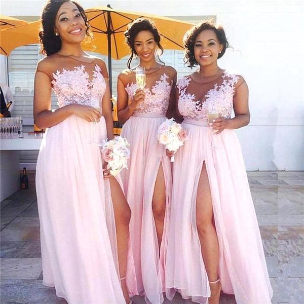

2019 pink plus size long bridesmaid dresses sheer neck high side split lace formal dresses abendkleider wedding guest dress prom dress, White;pink