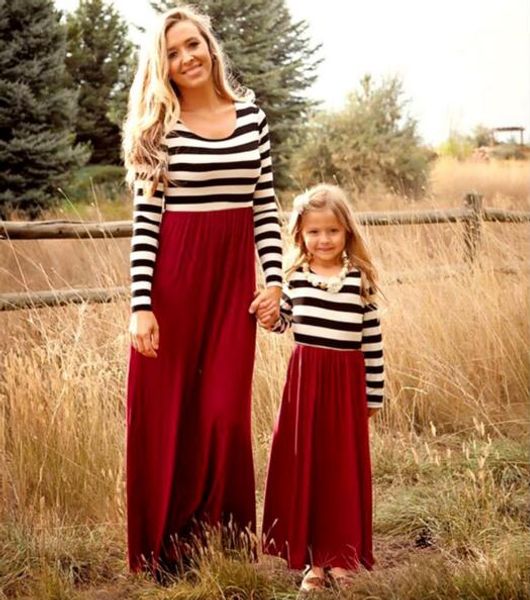 

mother daughter dresse family matching clothes striped long sleeve patchwork mom and daughter dress family look fashion like mom, Blue