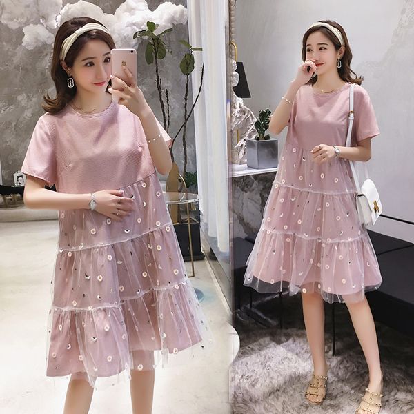 

maternity dresses 8212# clothes summer cotton embroidered short sleeve loose stylish dress for pregnant women pregnancy, White