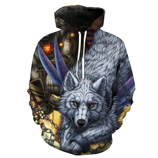 

wild wolf print with cap pocket insert men's fashion with hat men's clothes, Black