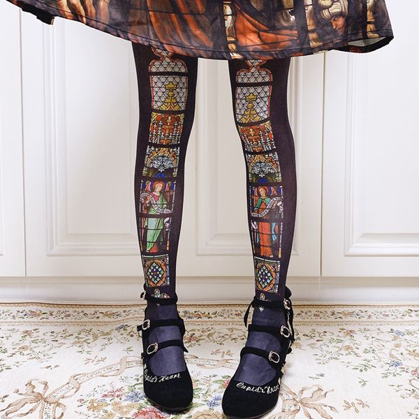

colorful window printed lolita tighs women's pantyhose by ruby rabbit, Black;white
