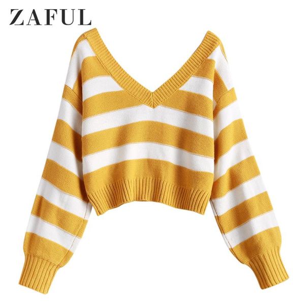 

zaful stripes color block double v-neck pullover sweater for women long sleeve contrast short 2019, White;black