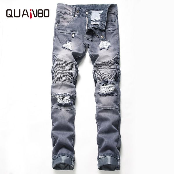 Nova Chegada Homens Nostalgia Retro Jeans Moda Rasgado Moto Biker Jeans Designer Beggar Denim Calças Big Size Brand Roupas