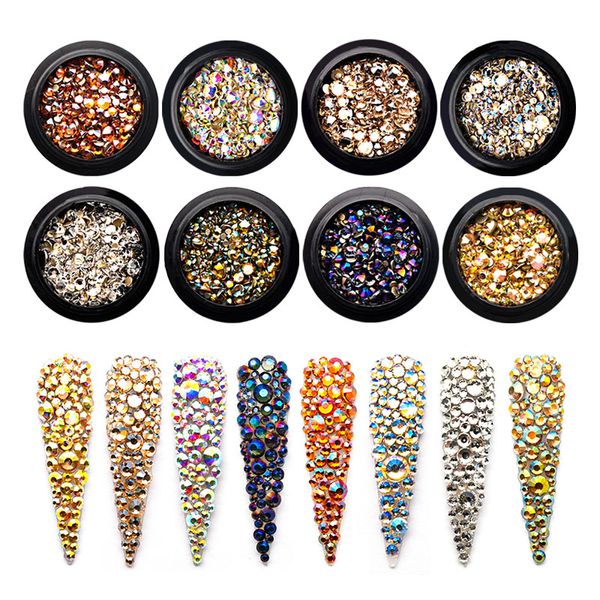 

multi color crystal nail rhinestones gold flatback ab glass strass mixed size shiny nail stones for art decorations mjz2153, Silver;gold