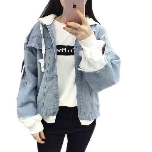 

new autumn casual hooded denim jacket women fake two pieces boyfriend trends jean pockets loose jackets jeans coat female, Black;brown