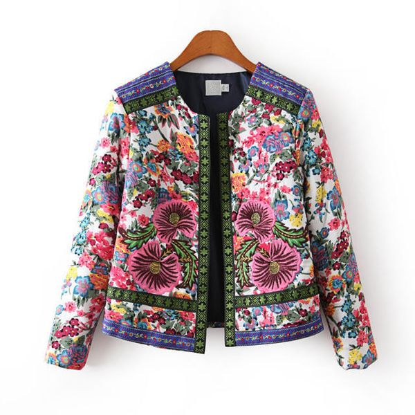 

autumn winter women floral jacket outerwear vintage women lady ethnic standing collar embroidered slim parkas coat outwear, Black;brown