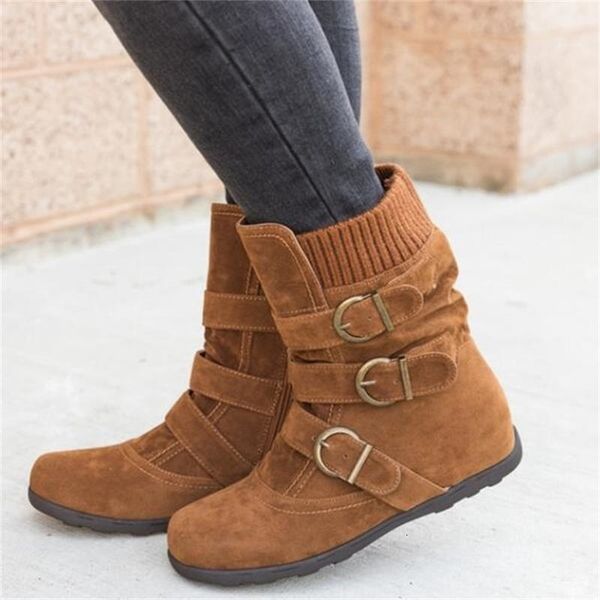 

ecn women warm snow boots 2019 new arrival flat plush casual ladies shoes plus size autumn winter buckle female mid calf boots t191116, Black