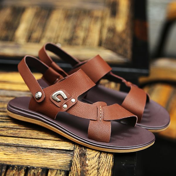 

2019 new summer men slippers rubber leather sandal male dual use outdoor walking sandals open toe roman sandals vietnam shoes, Black