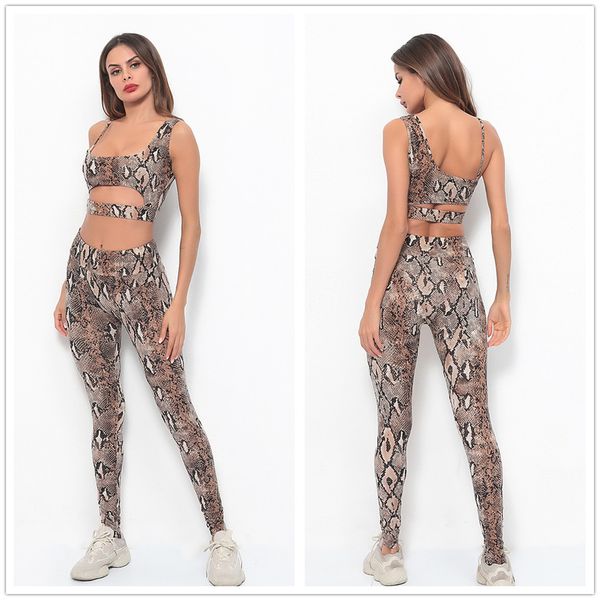 

snakeskin pattern hollow vest bra compression pants 2 piece yoga set gym clothes sport suit stretchy tracksuit for fitness 2019, White;red