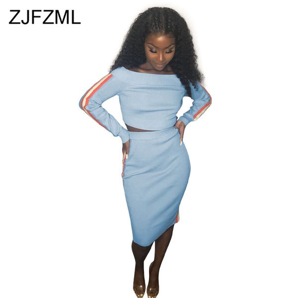 

полосатая лоскутная вскользь двухкусочного matching set женщины slash шея длинный рукав + высокая талия бандаж юбки до колен, White