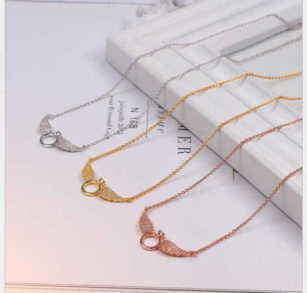 

korean version full diamond wings with diamond pendant necklace tassel necklace rose gold titanium steel short clavicle chain female, Silver